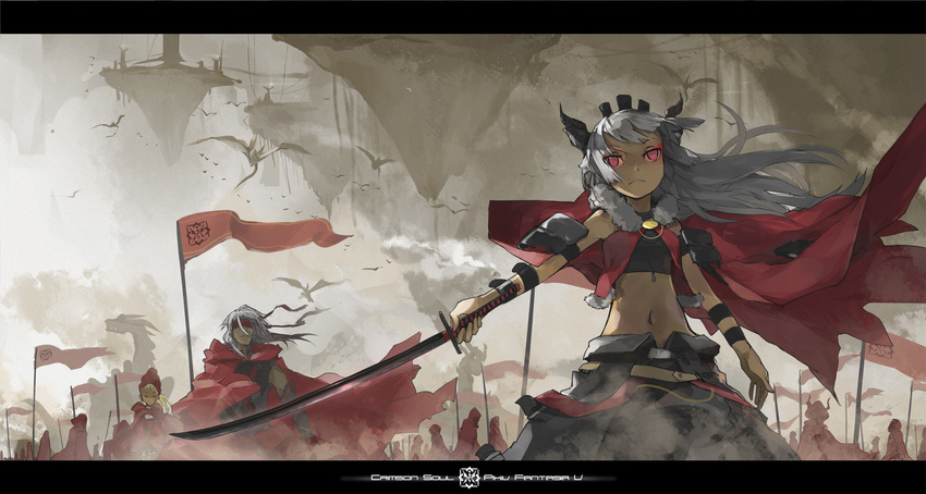 :&lt; armor army cape dragon floating_island highres jong_tu katana letterboxed long_hair midriff navel outstretched_arm outstretched_hand pixiv_fantasia pixiv_fantasia_5 red_eyes ringed_eyes silver_hair solo_focus sword weapon wind