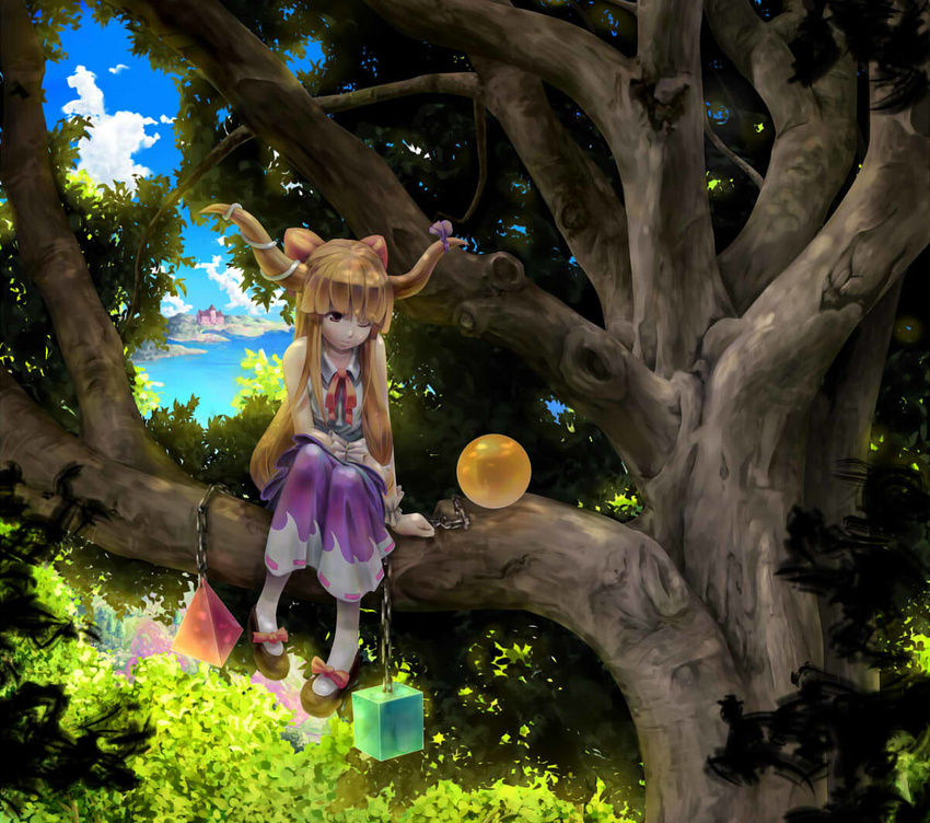arm_at_side arm_support black_footwear blonde_hair blue_sky bow brown_eyes brown_hair castle chain closed_mouth cloud collared_shirt cube dappled_sunlight day foot_dangle hair_bow hand_on_own_thigh horn_ribbon horns ibuki_suika in_tree light_smile long_hair looking_at_viewer nature neck_ribbon ocean one_eye_closed pigeon-toed purple_ribbon purple_skirt red_bow red_neckwear red_ribbon ribbon ribbon_trim ryuushiro shirt shoes sitting sitting_in_tree skirt sky sleeveless sleeveless_shirt solo sphere sunlight tetrahedron touhou tree very_long_hair water white_legwear white_shirt wrist_cuffs