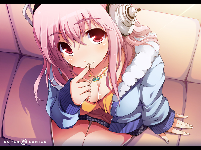 blush breasts chiri_(atlanta) cleavage coat finger_to_mouth from_above headphones jewelry large_breasts letterboxed long_hair nitroplus no_bra pendant pink_eyes pink_hair sitting smile solo super_sonico