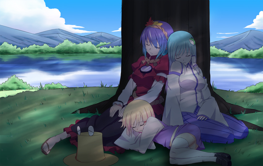 blonde_hair blue_hair blue_sky closed_eyes cloud day detached_sleeves frog grass green_hair h-new hair_ornament hat hat_removed headwear_removed kochiya_sanae lake leaning_back lying midriff moriya_suwako mountain multiple_girls on_side outdoors shadow sky sleeping thighhighs touhou tree under_tree white_legwear yasaka_kanako