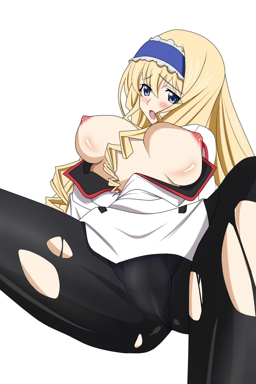 1girl blonde_hair blue_eyes breasts breasts_out breasts_outside cecilia_alcott female highres infinite_stratos large_breasts nipples panties pantyhose simple_background solo torn_clothes torn_pantyhose underwear white_background