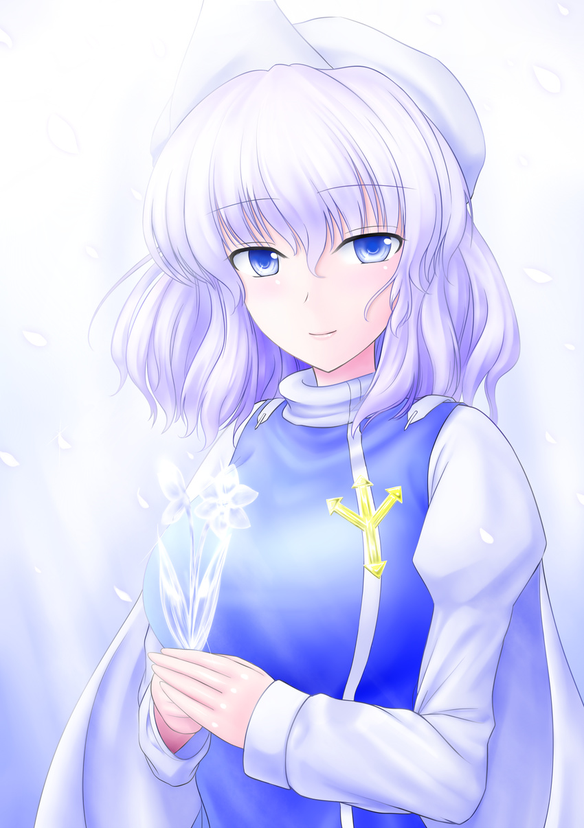 absurdres blue blue_eyes blush flower hat highres ice ice_flower lavender_hair letty_whiterock short_hair smile solo touhou y2