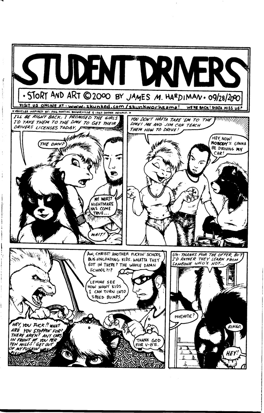 black_and_white clothed clothing comic desiree dialog dialogue english_text eyewear female hi_res human james james_m_hardiman lizard mammal milf monochrome mother parent reptile scalie skimpy skunk student_drivers sunglasses text valencia