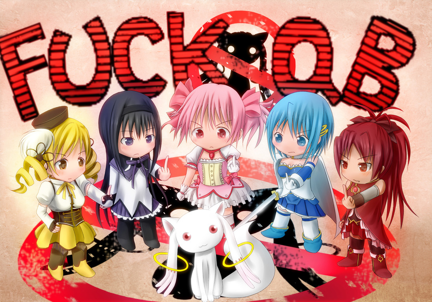 :&lt; :3 akemi_homura beret black_hair black_legwear blonde_hair blue_eyes blue_hair boots bow cape chibi closed_mouth detached_sleeves drill_hair english fang fingerless_gloves frown gloves hair_bow hair_ornament hairband hairclip hat highres kaname_madoka kyubey long_hair magical_girl mahou_shoujo_madoka_magica middle_finger miki_sayaka multiple_girls pantyhose pink_eyes pink_hair ponytail profanity purple_eyes red_eyes red_hair ren_(nyanyo) sakura_kyouko short_twintails skirt thighhighs tomoe_mami twin_drills twintails v-shaped_eyebrows white_legwear yellow_eyes