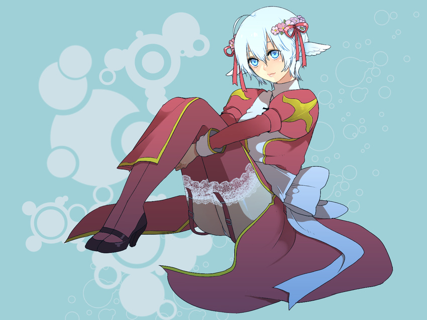 bad_id bad_pixiv_id blue_eyes blue_hair bow flower garter_straps hair_flower hair_ornament hair_ribbon head_wings high_heels high_priest kurono_yuu lace lace-trimmed_thighhighs leg_hug long_sleeves panties pantyshot ragnarok_online red_legwear ribbon shoes short_sleeves solo thighhighs underwear