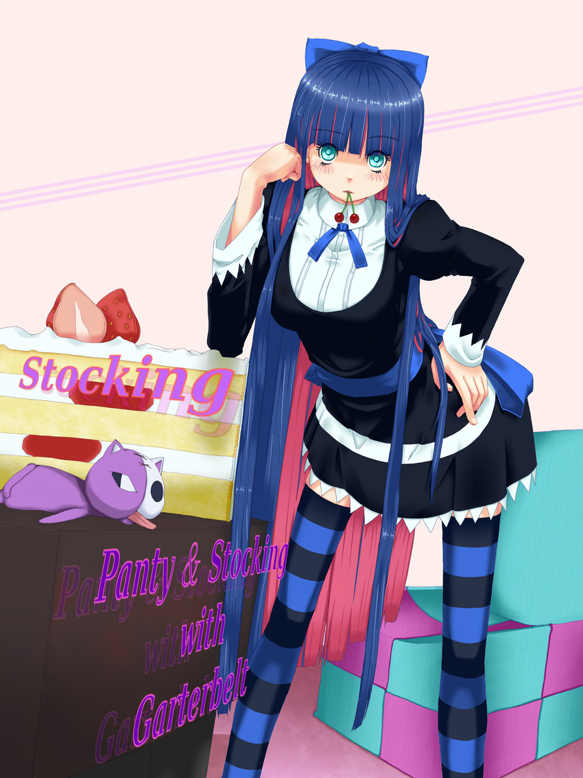 absurdres aqua_eyes hand_on_hip highres long_hair mouth_hold panties panty_&amp;_stocking_with_garterbelt purple_hair solo stocking_(psg) striped striped_legwear striped_panties tarte thighhighs underwear