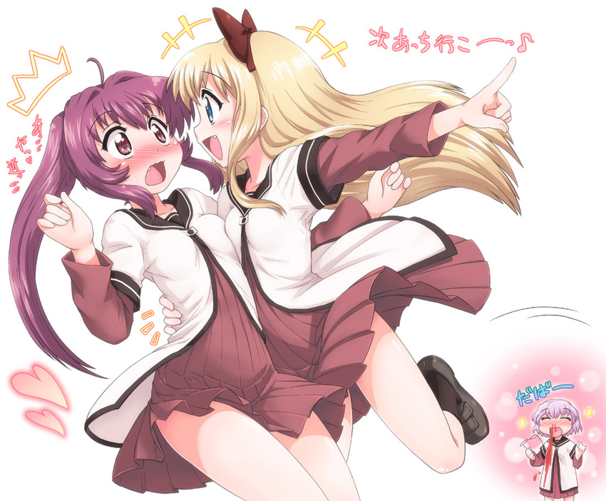 2girls :d black_legwear blonde_hair blood blue_eyes blush brown_eyes brown_hair dress eyewear_removed fang glasses hase_yu ikeda_chitose loafers multiple_girls nosebleed open_mouth pleated_dress pointing relationshipping shoes smile socks sugiura_ayano toshinou_kyouko translation_request wavy_mouth yuri yurijoshi yuru_yuri