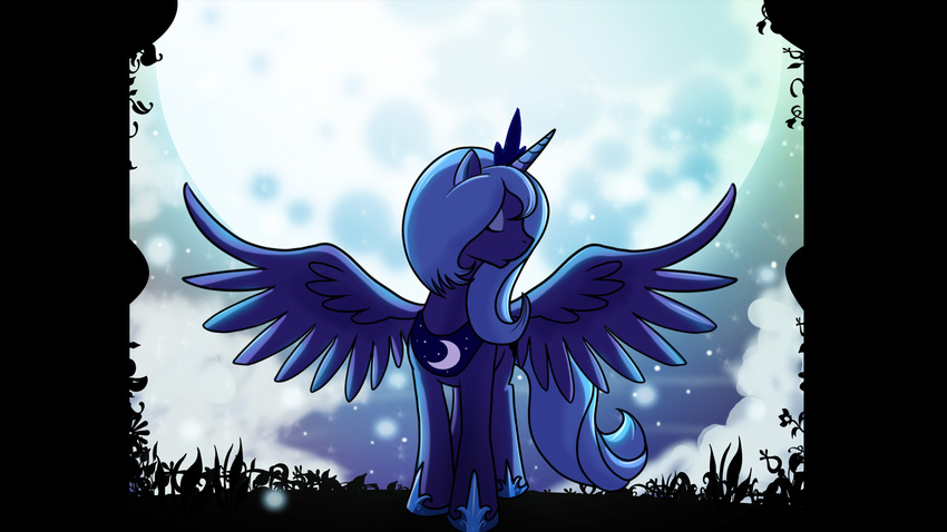 armor backlit blue blue_hair blue_theme crescent_moon crown delicate equine eyes_closed female feral flower friendship_is_magic hair hi_res horn horns horse madmax mammal moon my_little_pony night pegacorn plants pony princess_luna_(mlp) solo unknown_artist wallpaper widescreen winged_unicorn wings