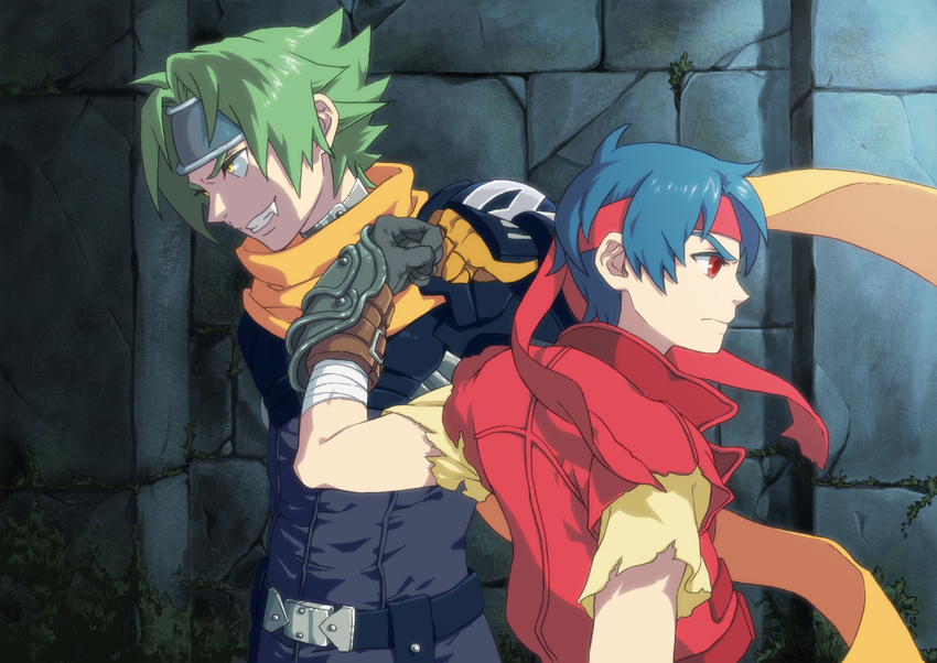 ahoge angry belt blue_hair bodysuit fang fist_bump frown gloves green_hair headband kei_(inu_no_ura) male_focus messy_hair multiple_boys red_eyes red_vest rody_roughnight scarf shirt smile vest wild_arms wild_arms_1 yellow_eyes zed