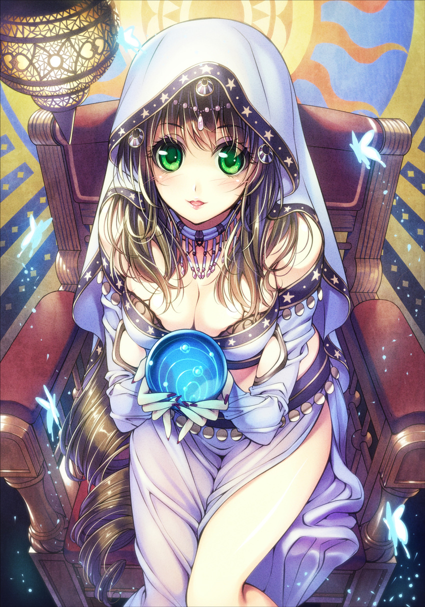 blonde_hair blush bra breasts brown_hair bug butterfly chair circlet cleavage crystal_ball drill_hair from_above green_eyes green_hair highres hood ikeda_yasuhiro insect jewelry large_breasts lingerie long_hair midriff nail_polish original scan smile solo star star_print underwear very_long_hair