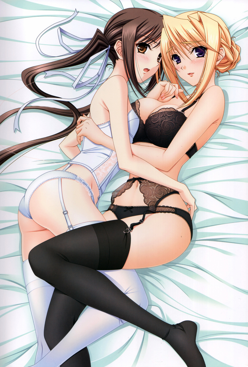 absurdres asymmetrical_docking black_bra black_legwear black_panties blonde_hair bow bow_panties bra breast_press breasts brown_eyes brown_hair bustier cleavage flat_chest garter_belt highres houjouin_seika huge_filesize komori_kei large_breasts leg_between_thighs legs lingerie long_hair long_legs lying multiple_girls navel on_side panties princess princess_lover purple_eyes ribbon silvia_van_hossen thighhighs thighs twintails underwear underwear_only very_long_hair white_legwear white_panties yuri