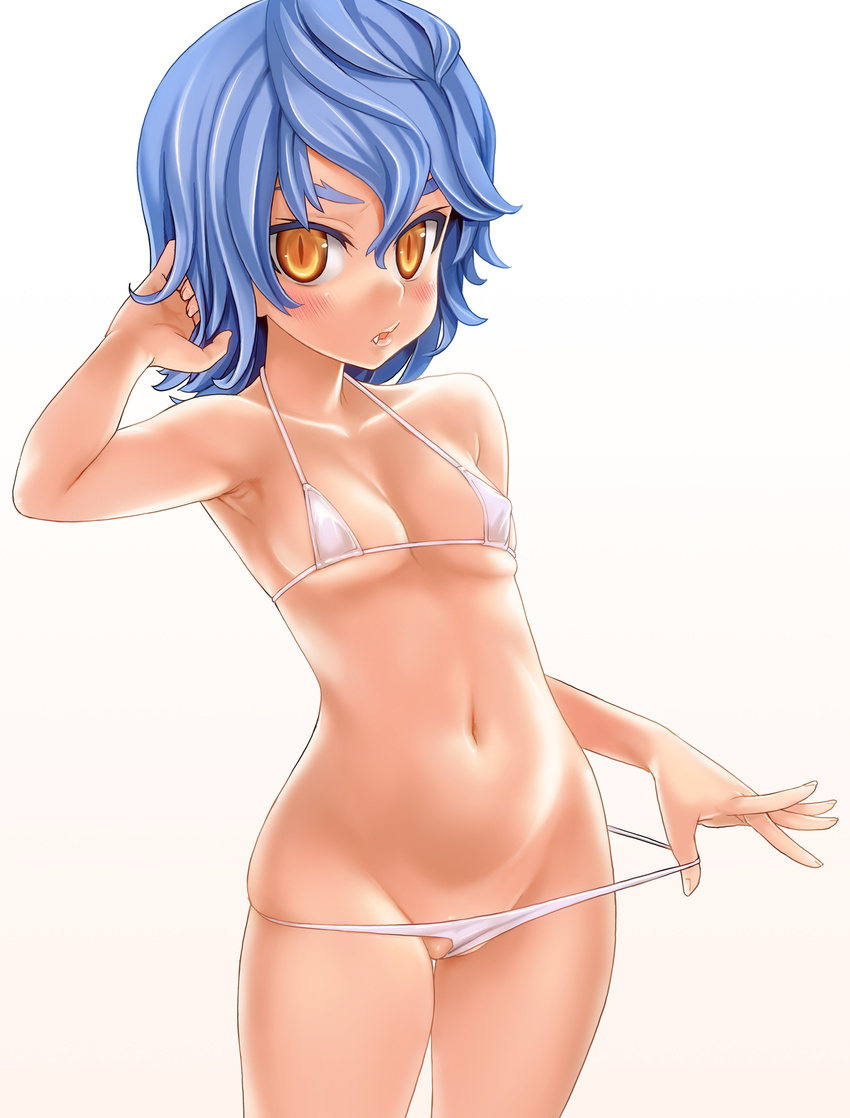 adjusting_clothes adjusting_swimsuit asanagi bikini blue_hair blush cowboy_shot dragon_crisis! fang flat_chest halter_top halterneck hand_to_head highres micro_bikini navel partially_visible_vulva sapphie_(dragon_crisis!) short_hair simple_background slit_pupils solo string_bikini swimsuit swimsuit_lift wedgie white_background white_bikini yellow_eyes