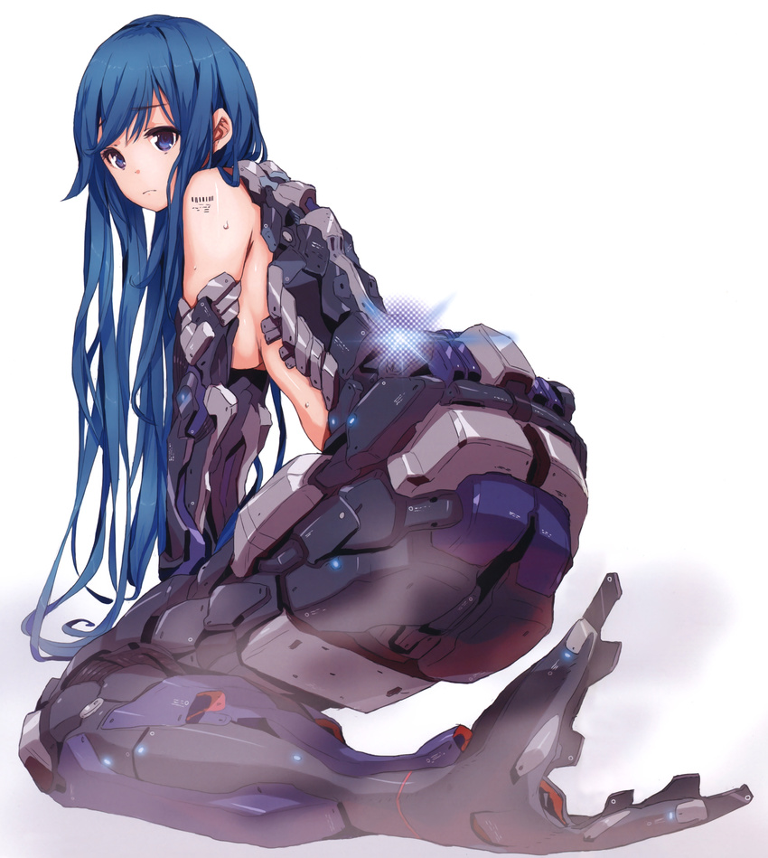 absurdres arm_support backbone barcode blue_eyes blue_hair breasts cyberpunk cyborg from_behind frown highres kneeling long_hair looking_at_viewer looking_back mechanical_arm mechanical_backbone mechanical_legs medium_breasts mermaid monster_girl nude original saitou_masatsugu science_fiction sideboob simple_background solo spine very_long_hair wet wet_hair white_background