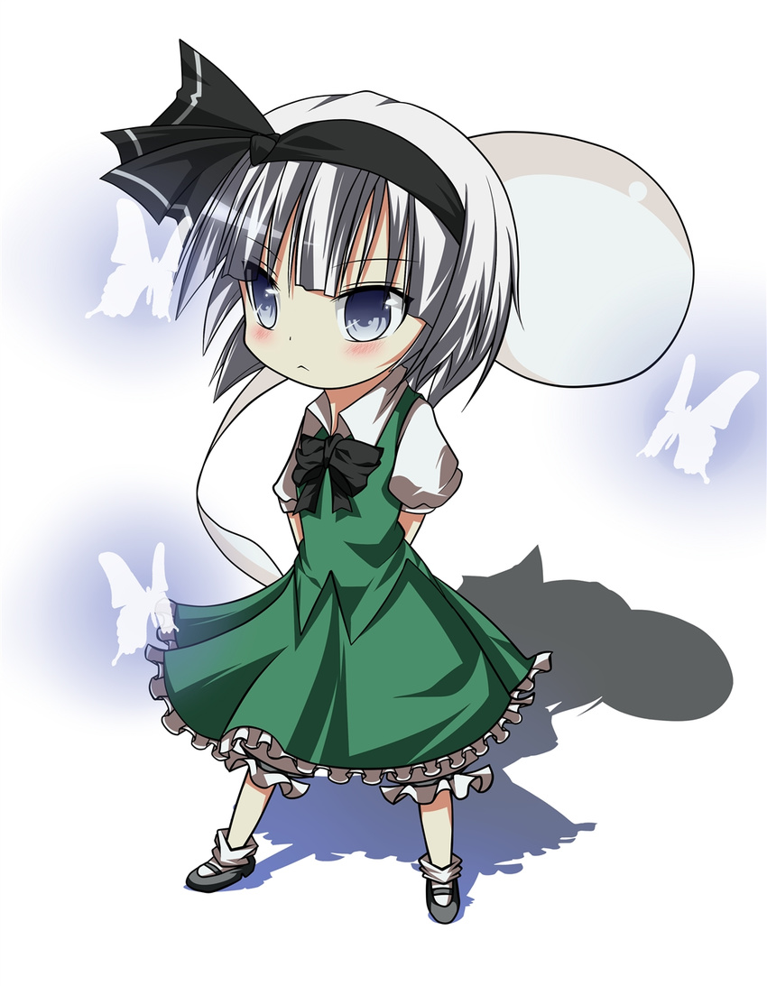 arms_behind_back bad_id bad_pixiv_id black_hairband bloomers blue_eyes bug butterfly chibi ghost hairband highres hikobae hitodama insect konpaku_youmu konpaku_youmu_(ghost) mary_janes shoes silver_hair solo standing touhou underwear white_hair
