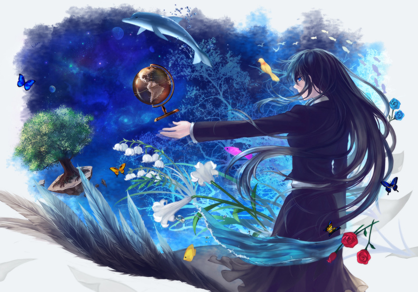 bad_id bad_pixiv_id bird black_hair blue blue_eyes blue_flower blue_rose bug butterfly dolphin feathers fish flower from_behind globe insect lily_(flower) lily_of_the_valley long_hair original outstretched_arm pink_flower pink_rose planet profile robinexile rose solo star_(sky) surreal tree very_long_hair