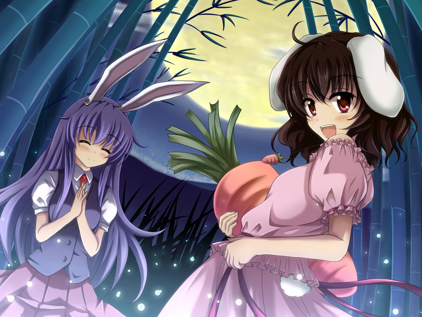 adapted_costume animal_ears bad_id bad_pixiv_id bamboo bamboo_forest black_hair bunny_ears bunny_tail carrot closed_eyes fireflies forest full_moon hands_together highres inaba_tewi jewelry light_particles long_hair moon multiple_girls nature open_mouth oversized_object own_hands_together pendant purple_hair red_eyes reisen_udongein_inaba shira-nyoro short_hair short_sleeves smile tail touhou vest