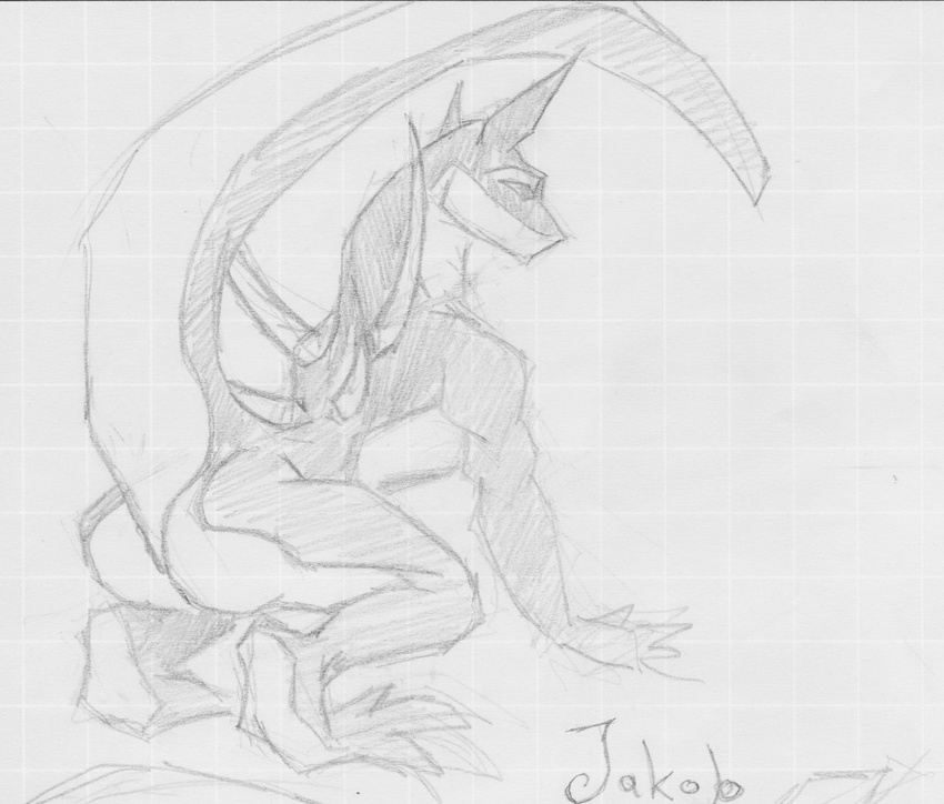 butt claws dragon horns kneeling male megan muscles nude raised_tail reptile scalie sketch solo tail