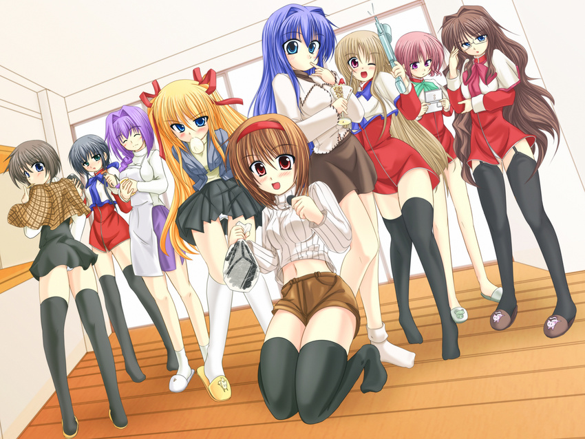 amano_mishio bad_anatomy dutch_angle everyone glasses goblet hair_intakes handheld_game_console kanon kawasumi_mai kirihane kurata_sayuri minase_akiko minase_nayuki misaka_kaori misaka_shiori multiple_girls nintendo_ds panties pantyshot sawatari_makoto school_uniform shawl slippers thighhighs tsukimiya_ayu underwear water_gun