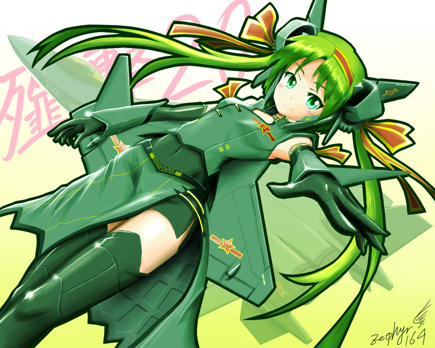 aircraft airplane august1st china green_eyes green_hair hair_ornament hair_ribbon head_wings highres j-20 jet long_hair mecha_musume military original outstretched_arm reaching ribbon solo star twintails zephyr164