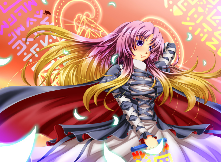 archienemy breasts gradient_hair highres hijiri_byakuren large_breasts long_hair multicolored_hair petals purple_eyes scroll smile solo sorcerer's_sutra_scroll touhou