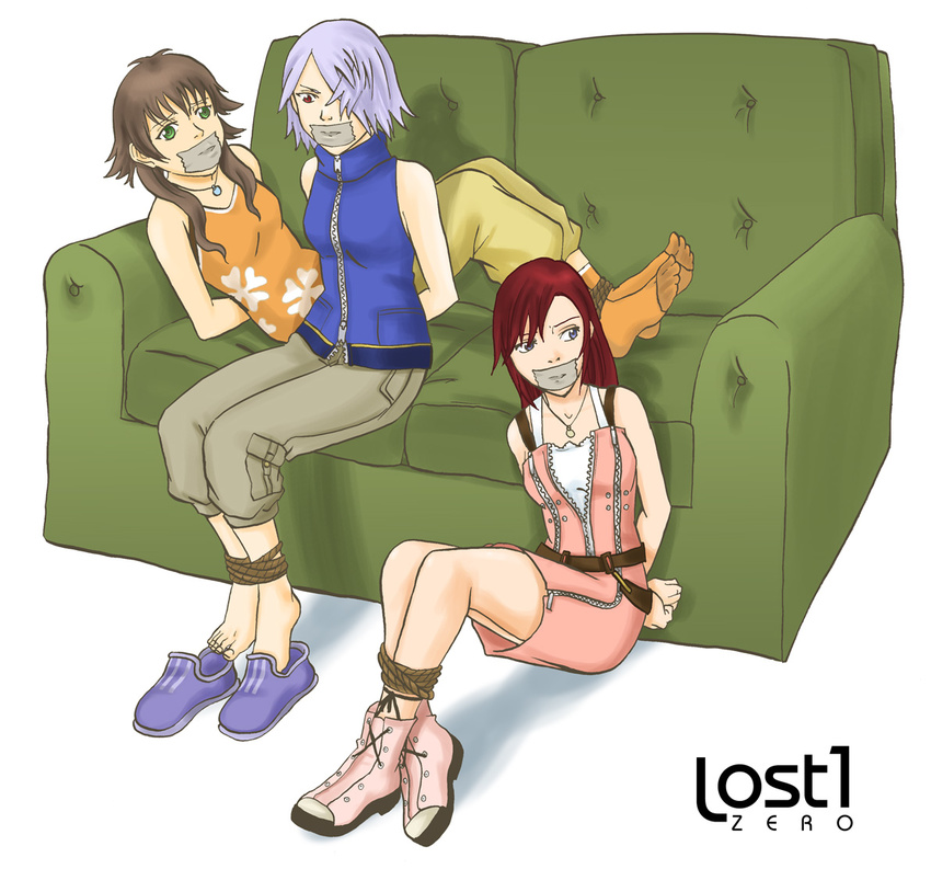 3girls barefoot blue_eyes blue_hair bondage brown_hair couch fujin gag green_eyes kairi kingdom_hearts kingdom_hearts_ii lost1zero olette red_eyes red_hair rope shoes socks tape tapegag toes