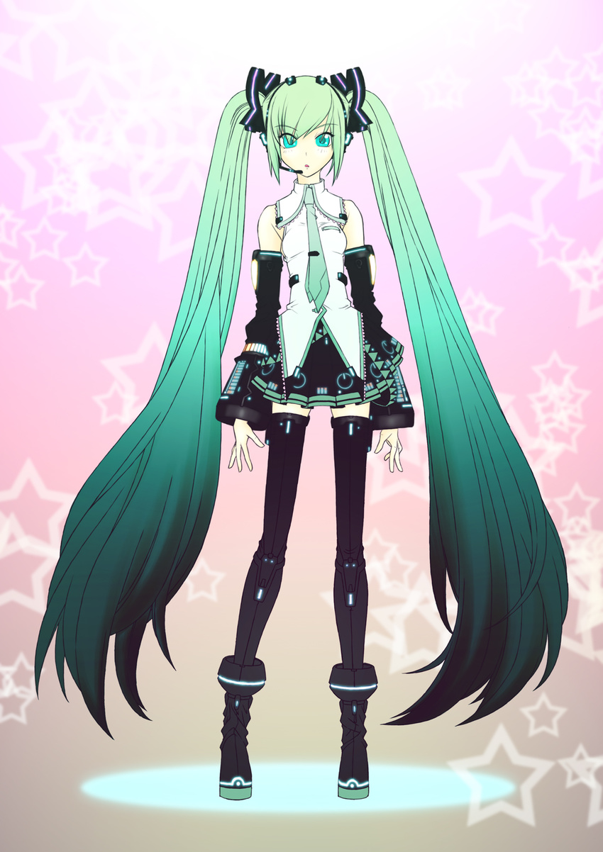 alternate_costume aqua_eyes aqua_hair gradient_hair hatsune_miku highres long_hair mdc_honpo multicolored_hair solo thighhighs very_long_hair vocaloid white_hair