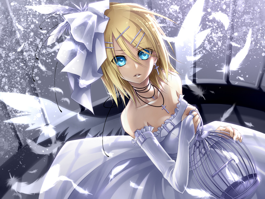 blonde_hair blue_eyes cage cross earrings elbow_gloves feathers gloves hair_ornament hairclip jewelry kagamine_rin necklace solo ueno_tsuki vocaloid wings
