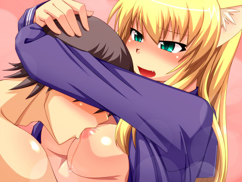 animal_ears artist_request blonde_hair blush breast_sucking breasts cat_ears character_request fang green_eyes large_breasts lick licking long_hair nokoppa open_clothes open_shirt saliva shirt source_request