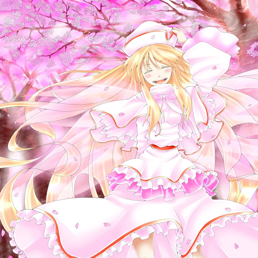 arms_behind_back bad_id bad_pixiv_id blonde_hair bow cherry_blossoms closed_eyes dress flower hat highres lily_white long_hair petals shunsuke smile solo touhou tree very_long_hair