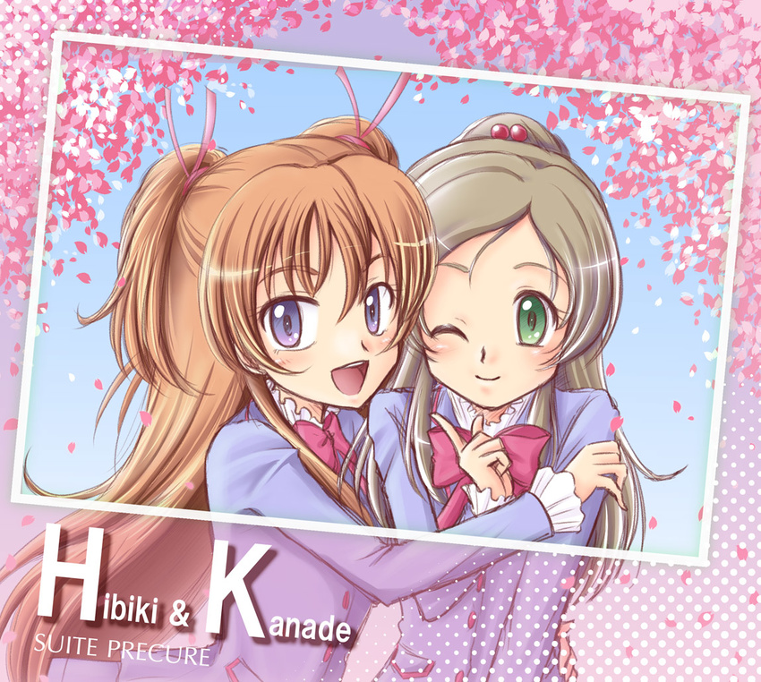 akihara_ryou aria_gakuen_school_uniform blue_eyes blue_shirt blush bow brown_hair character_name cherry_blossoms copyright_name eyelashes green_eyes grey_hair hair_ornament hair_ribbon half_updo happy houjou_hibiki hug long_hair minamino_kanade multiple_girls one_eye_closed open_mouth orange_hair photo_(object) pink_bow ponytail precure ribbon school_uniform shirt smile suite_precure two_side_up wrist_cuffs