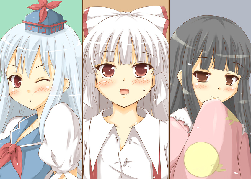 bad_id bad_pixiv_id black_hair blue_hair blush brown_eyes chaa_(korone-ze) collarbone fujiwara_no_mokou houraisan_kaguya kamishirasawa_keine long_hair multiple_girls one_eye_closed open_mouth simple_background smile sweatdrop touhou unbuttoned white_hair