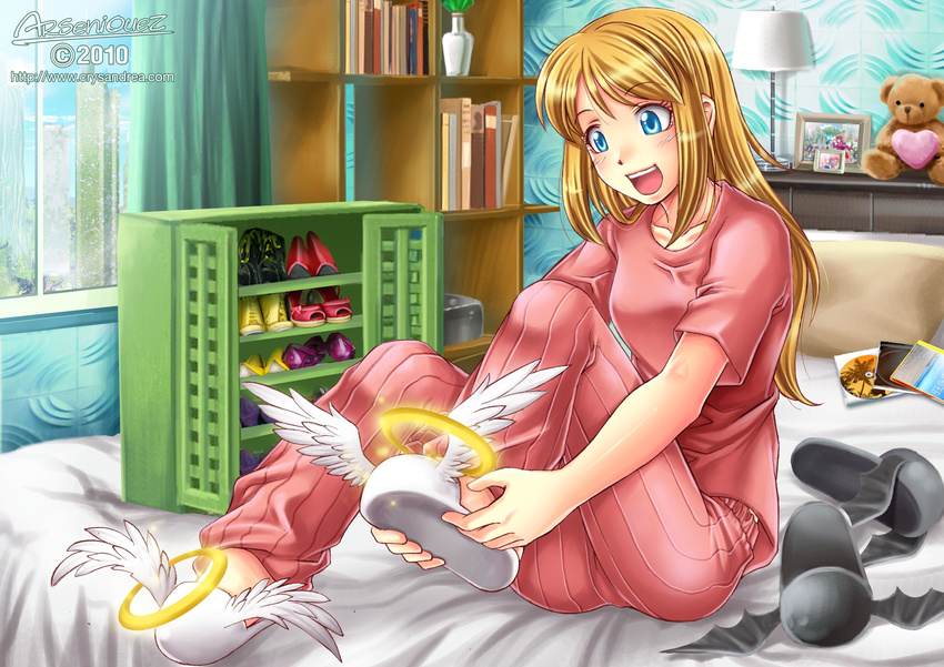 absurdres bed blonde_hair blue_eyes book building cd cloud curtains highres lamp long_hair open_mouth original pajamas photo_(object) shoes sky skyscraper solo songwut_ouppakarndee stuffed_animal stuffed_toy teddy_bear window