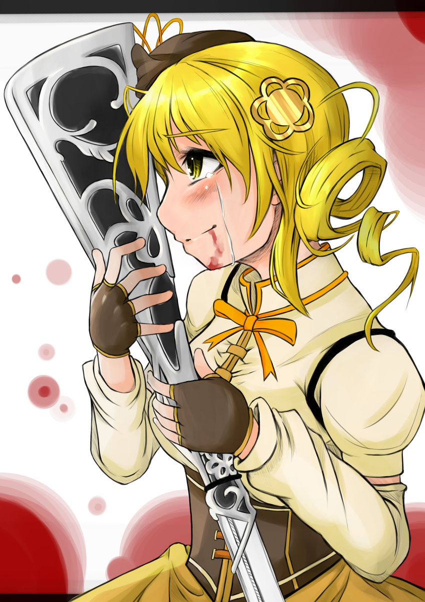 absurdres bad_id bad_pixiv_id beret blonde_hair blood boots detached_sleeves drill_hair fingerless_gloves gloves gun hair_ornament hairpin hat hei_(yumeutsutsu_yuutsu) highres letterboxed magical_girl magical_musket mahou_shoujo_madoka_magica outside_border pleated_skirt puffy_sleeves ribbon rifle short_hair skirt solo tears tomoe_mami twin_drills twintails weapon yellow_eyes