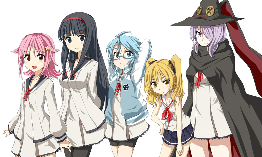 5girls aoi_(houkago_no_pleiades) hat hikaru_(houkago_no_pleiades) houkago_no_pleiades itsuki_(houkago_no_pleiades) multiple_girls nanako_(houkago_no_pleiades) schoolgirl subaru_(houkago_no_pleiades) uniform witch_hat