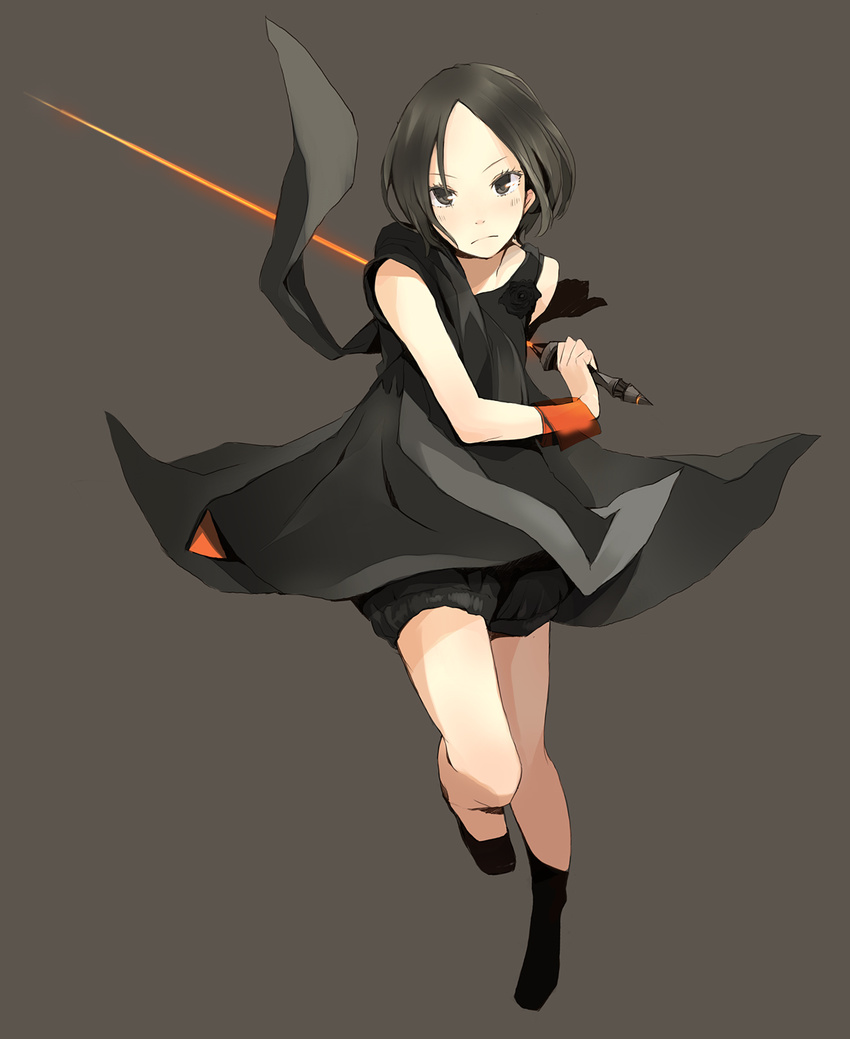 &gt;:( bad_id bad_pixiv_id black_bloomers black_dress black_eyes black_footwear black_hair brown_eyes brown_hair dress energy_sword frown full_body grey_background highres laser nocchi_(perfume) perfume short_hair simple_background solo sword weapon wristband yoshito