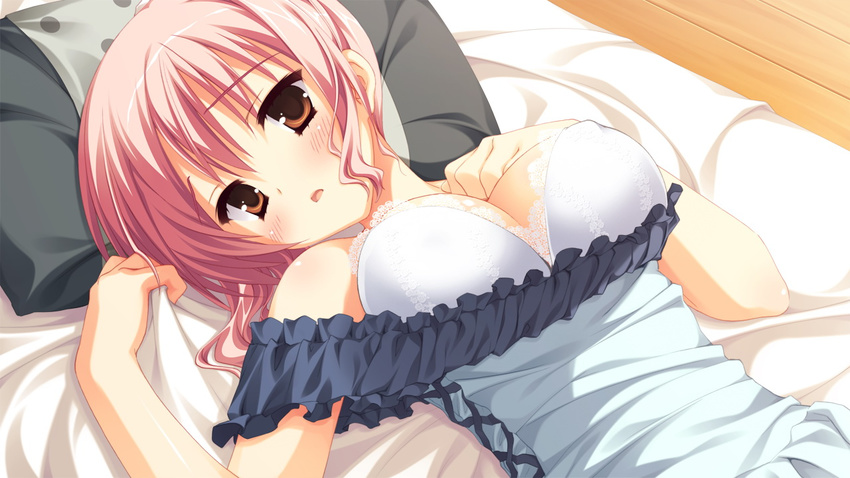 bed blush bra game_cg kobuichi muririn pink_hair tenshinranman tokiwa_mahiro underwear