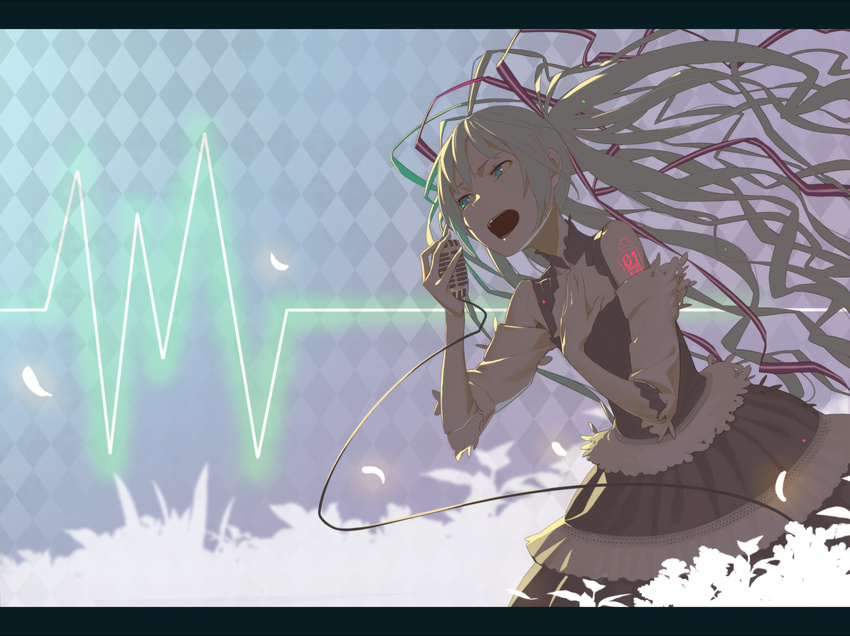 aqua_eyes checkered checkered_background dress hand_on_own_chest hatsune_miku highres long_hair microphone music open_mouth sansyokutansi singing solo vocaloid
