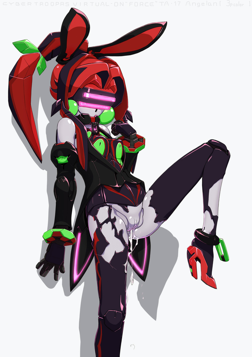 akai_hana android animal_ears black breasts bunny_ears cum cum_in_pussy cum_inside cumdrip doll_joints gynoid high_heals high_heels highres leg_lift mecha_musume musen-shiki_sanhankikan open_clothes open_shirt pantyhose pussy red red_hair robot shirt shoes torn_clothes torn_pantyhose vagina virtual_on