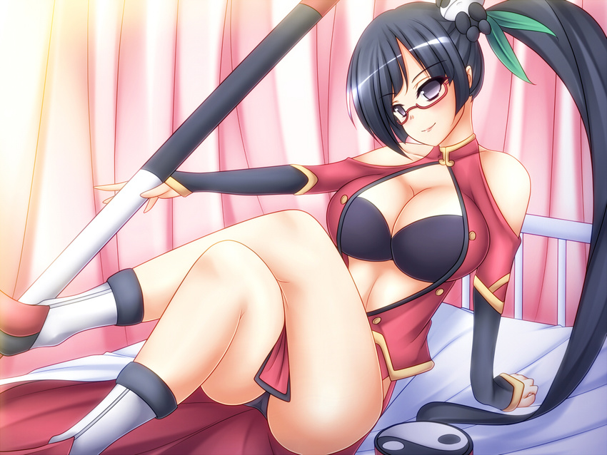 bad_id bad_pixiv_id bare_shoulders black_hair blazblue blush breasts cleavage crossed_legs glasses hair_ornament lao_jiu large_breasts litchi_faye_ling mikan_(5555) purple_eyes side_ponytail sitting solo