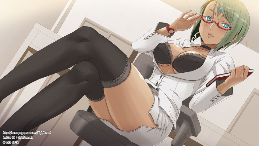 adjusting_eyewear arksign blue_eyes bra breasts cleavage crossed_legs dutch_angle ellison glasses green_hair highres kimura_shigetaka large_breasts legs lingerie long_legs miniskirt red-framed_eyewear semi-rimless_eyewear short_hair sitting skirt solo thighhighs thighs under-rim_eyewear underwear watch