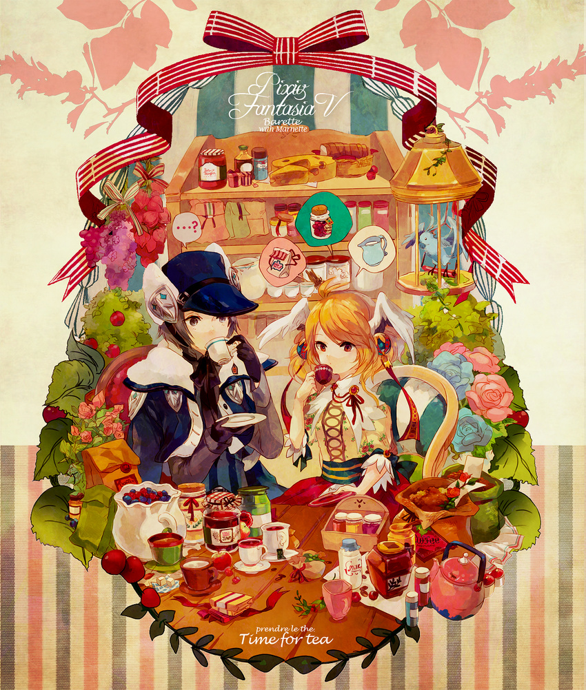 1girl apple black_eyes black_hair blonde_hair bow bread butter cheese drinking food fruit gloves hair_ornament hat head_wings highres jam jar milk pixiv_fantasia pixiv_fantasia_5 red_eyes short_hair tea teapot welchino