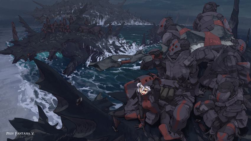 6+boys :p armor beach bevel_(pixiv_fantasia) commentary_request dragon gas_mask gloves harem height_difference helmet highres knife lambretta_(pixiv_fantasia) multiple_boys pixiv_fantasia pixiv_fantasia_5 pouch red_eyes riding silver_hair sitting standing tongue tongue_out tsukuba_masahiro weapon za_(pixiv_fantasia)