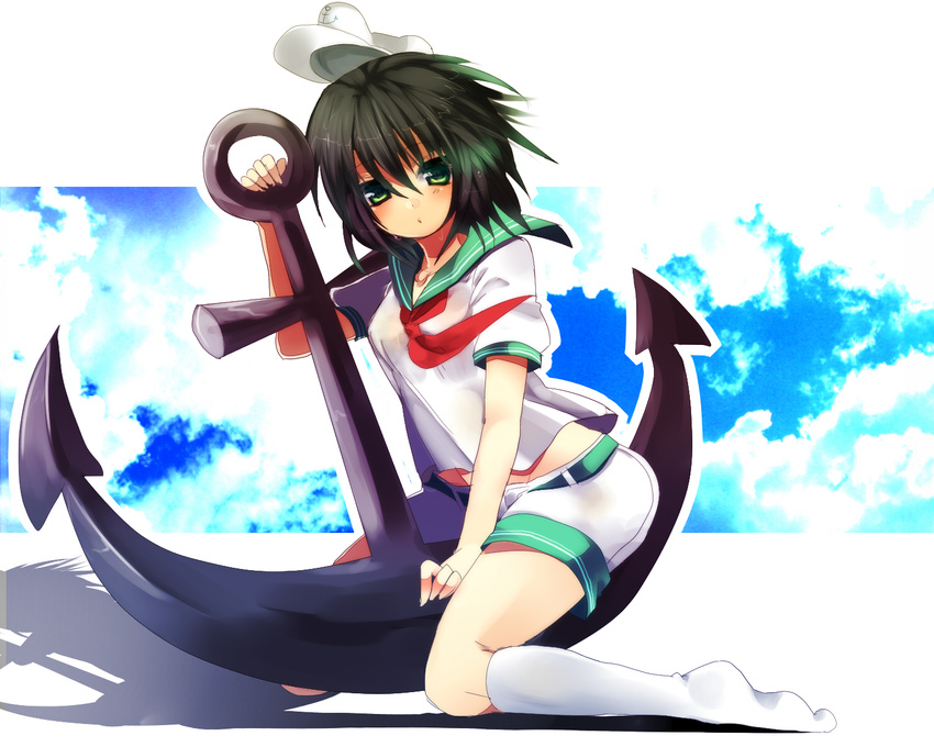 anchor bad_id bad_pixiv_id black_hair brown_hair green_eyes hat highres kneehighs murasa_minamitsu nochita_shin sailor sailor_hat short_hair shorts sky solo touhou white_legwear