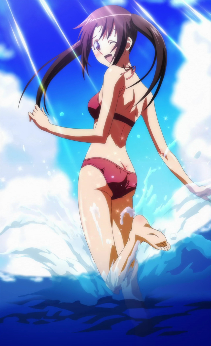 ass back barefoot bikini breasts brown_eyes brown_hair cap cloud clouds feet female highres looking_back ocean open_mouth outdoors screencap sea seitokai_yakuindomo sky smile soles solo splash splashing stitched swimsuit toes tsuda_kotomi twintails wink