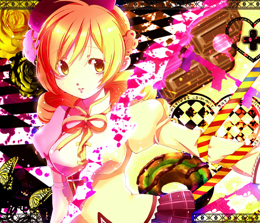 beret blonde_hair breasts bug butterfly candy checkered checkered_floor chigo chocolate corset detached_sleeves drill_hair dual_persona flower food gun hair_ornament hairpin handgun hat heart henshin highres insect luger_p08 m1911 magical_girl mahou_shoujo_madoka_magica medium_breasts mitakihara_school_uniform pistol plaid plaid_skirt pleated_skirt puffy_sleeves ribbon rose school_uniform skirt tomoe_mami transformation twin_drills twintails weapon yellow_eyes yellow_flower yellow_rose