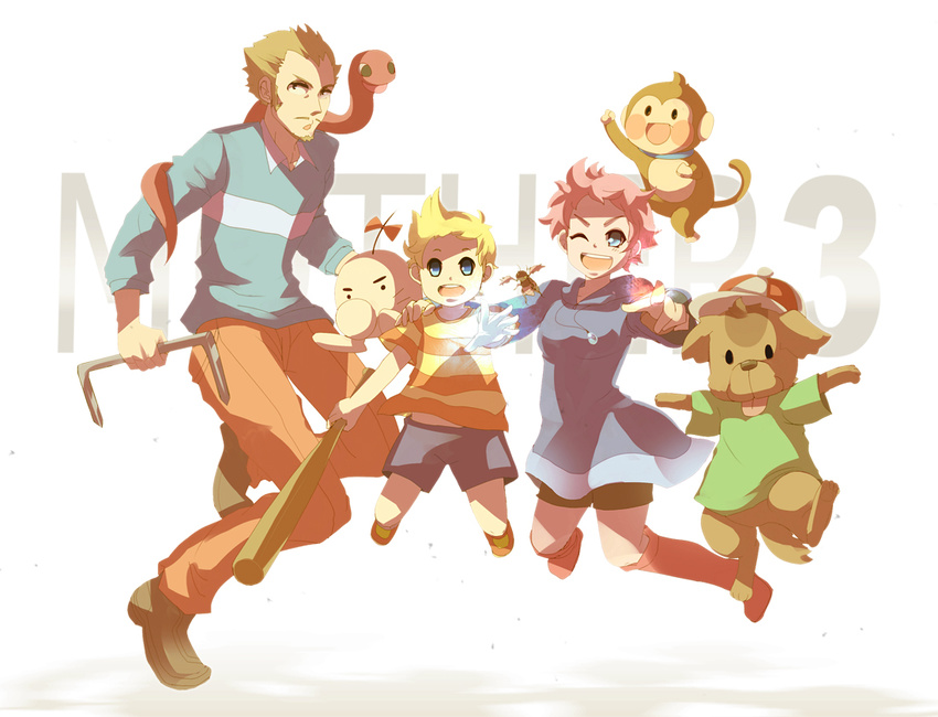 2boys baseball_bat blonde_hair blue_eyes boney brown_hair dog doseisan duster_(mother) hat hood hoodie jewelry kayako_(bimabima) kumatora lucas monkey mother_(game) mother_3 multiple_boys one_eye_closed pendant pink_hair quiff rope_snake salsa_(mother) smile