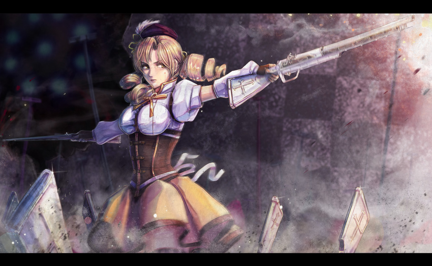 bad_id bad_pixiv_id beret blonde_hair breasts brown_eyes corset covered_nipples detached_sleeves drill_hair dual_wielding fingerless_gloves gloves gun hair_ornament hairpin hat holding hwansang letterboxed magical_musket mahou_shoujo_madoka_magica medium_breasts outstretched_arms pleated_skirt puffy_sleeves ribbon rifle skirt solo spread_arms striped striped_legwear thighhighs tomoe_mami twintails vertical-striped_legwear vertical_stripes weapon yellow_eyes zettai_ryouiki