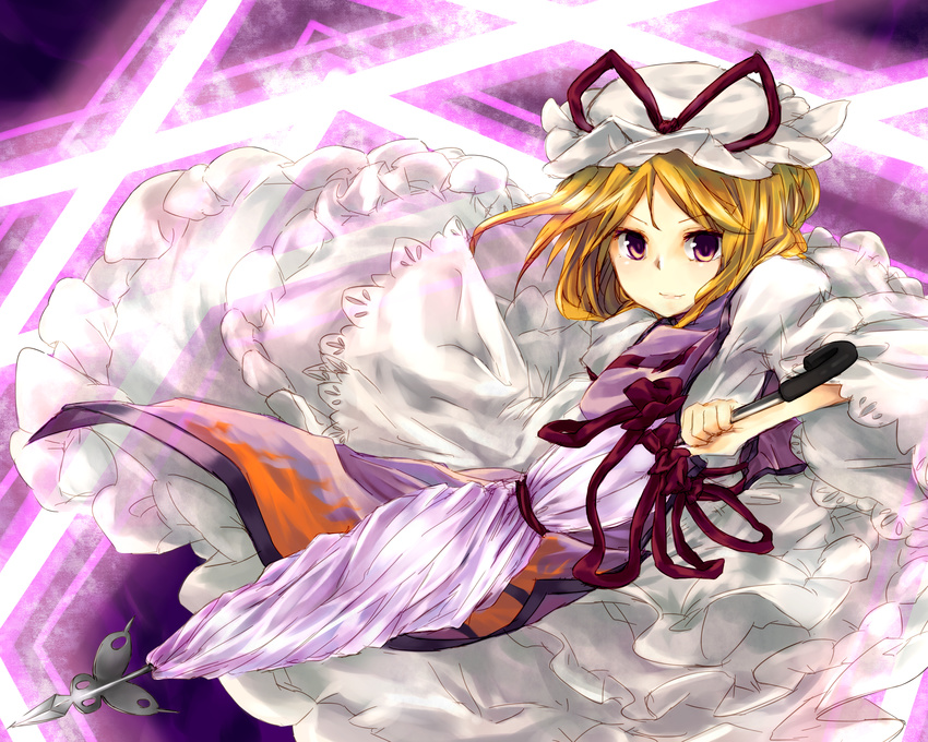 blonde_hair bow closed_umbrella dqn_(dqnww) dress frills gathers hat hat_ribbon highres lace magic_circle ribbon solo touhou umbrella yakumo_yukari yellow_eyes