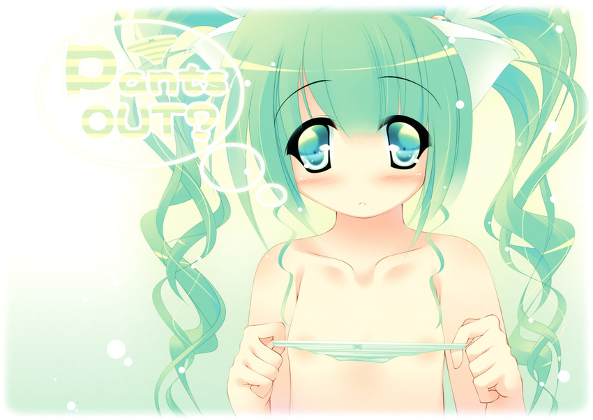 absurdres animal_ears flat_chest green_eyes green_hair highres holding holding_panties inuneko long_hair non-web_source original panties shy solo twintails underwear