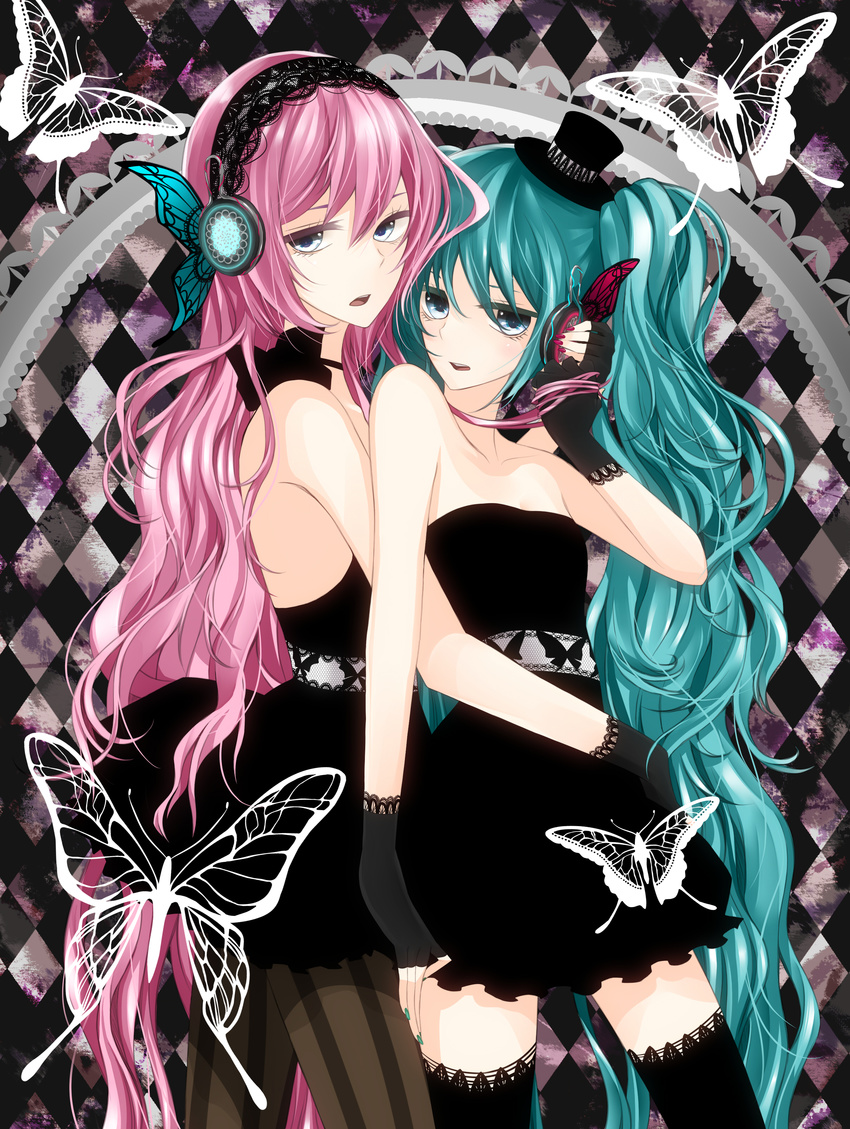 absurdres aqua_hair bad_id bad_pixiv_id blue_eyes bug butterfly checkered checkered_background dress fingerless_gloves gloves hat hatsune_miku headphones highres insect long_hair magnet_(vocaloid) megurine_luka mini_hat mini_top_hat multiple_girls nail_polish pantyhose pink_hair strapless strapless_dress thighhighs top_hat twintails very_long_hair vocaloid yuri